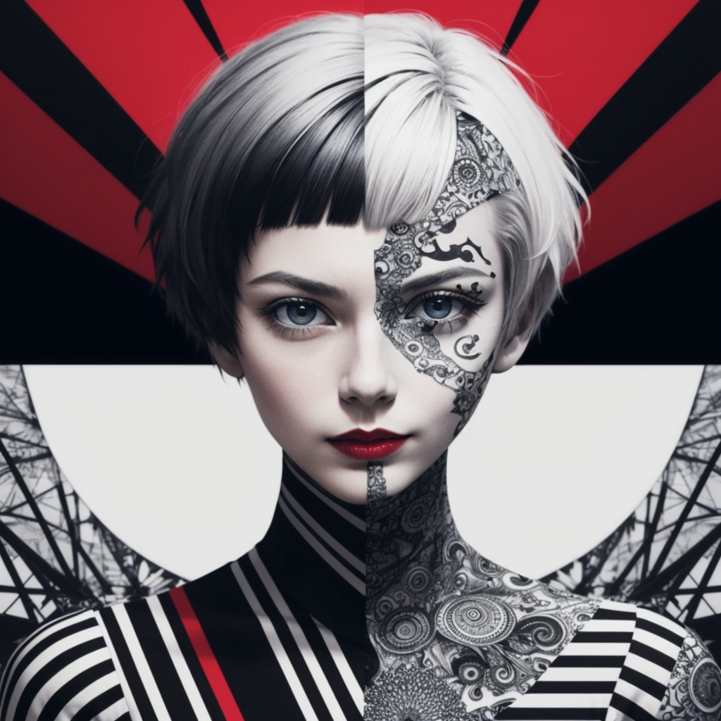 00168-2056125928-_lora_Linear-Delusion-000100_0.5_, LinearDelusion, collage art, surrealism, a woman with short hair, abstract pattern, high fas.png